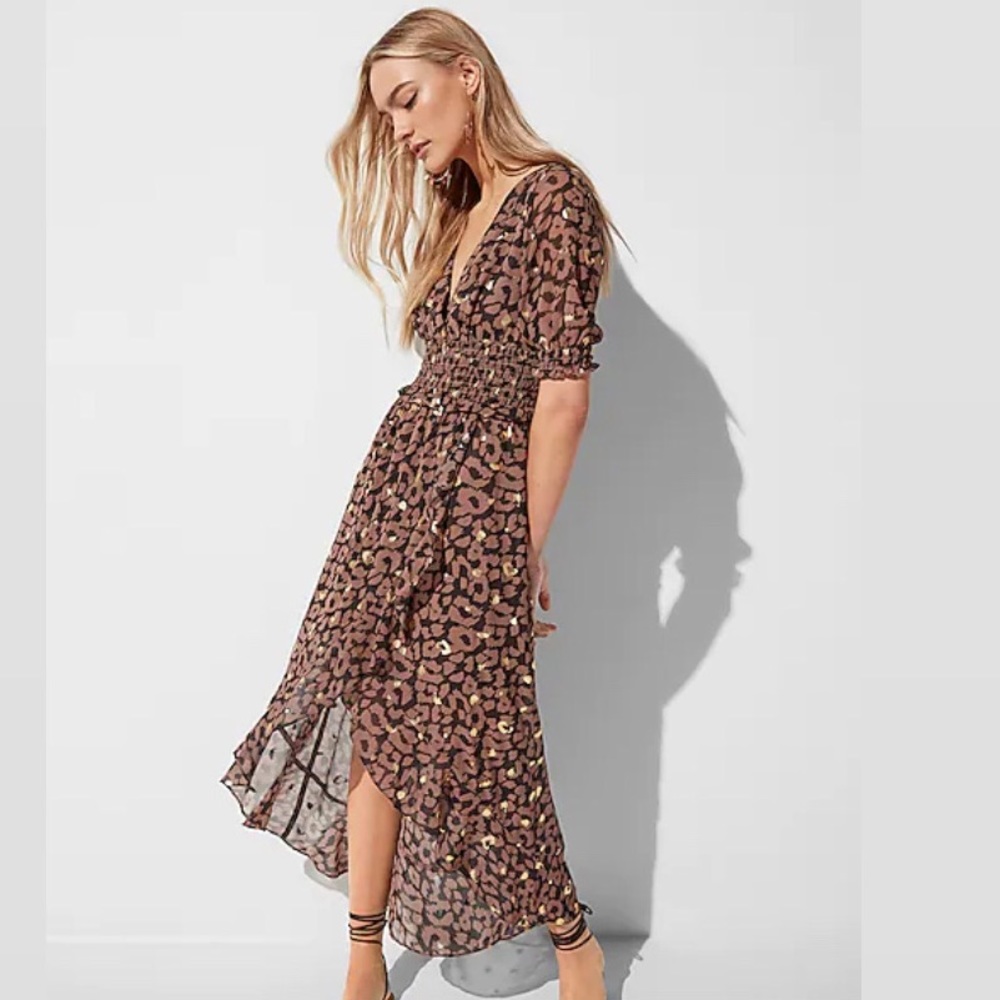 Express leopard print midi metallic smocked dress